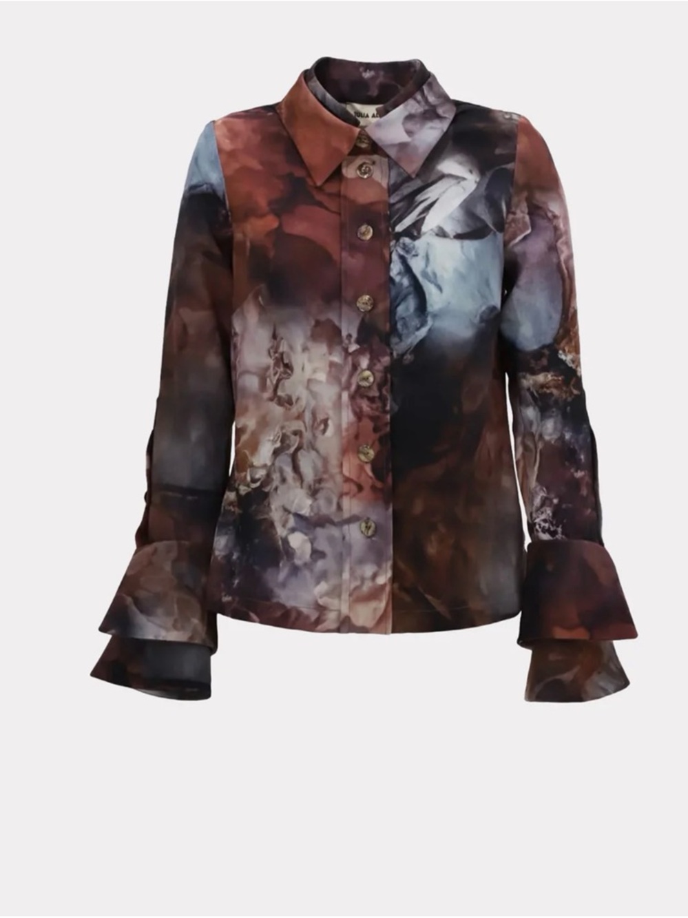 Abstract Floral Button-Down Shirt with Layered Flounce Cuffs - Brown Multi